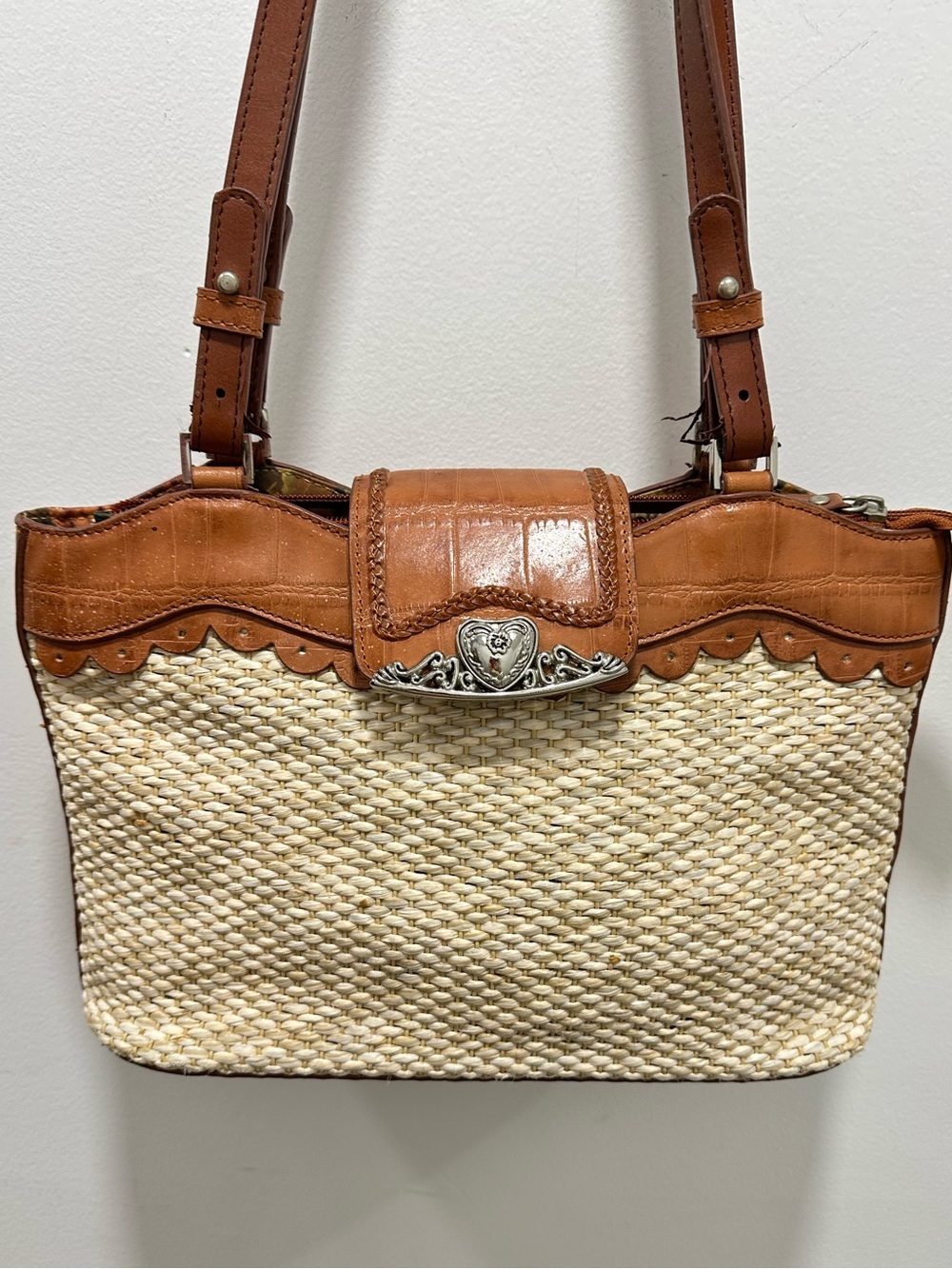 Marc Chantal Woven Straw & Cognac Leather Shoulder Bag Floral Lined Boho Purse